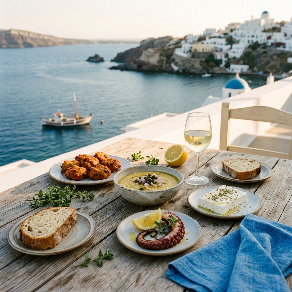 Greek mezze with Santorini fava, tomatokeftedes, grilled octopus and a glass of Assyrtiko wine.