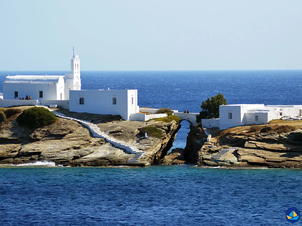 The beautiful Chrissopigi Monastery perched on a rocky peninsula