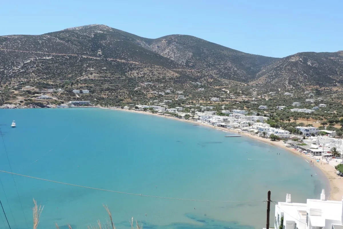 The popular Platis Gialos beach with its golden sand and crystal-clear waters
